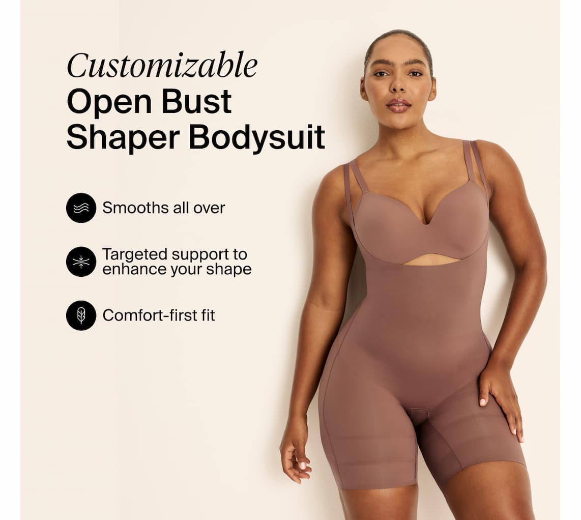 Customizable open bust shaper bodysuit - smooths all over, targeted support to enhance your shape comfort-first fit.