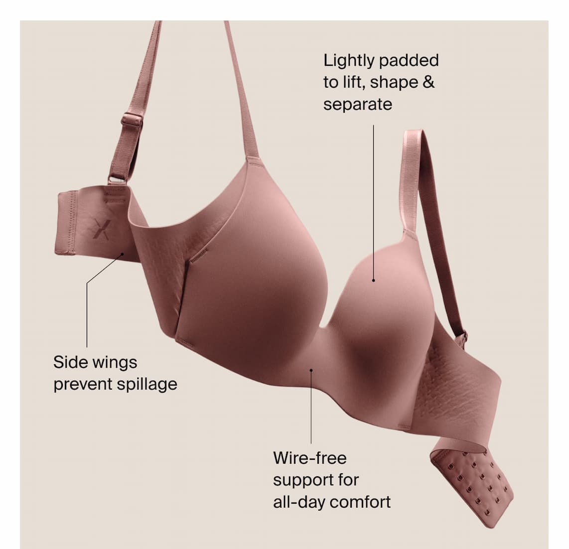 Lightly padded to lift, shape & separate. Side wings to prevent spillage. Wire-free support for all-day comfort.