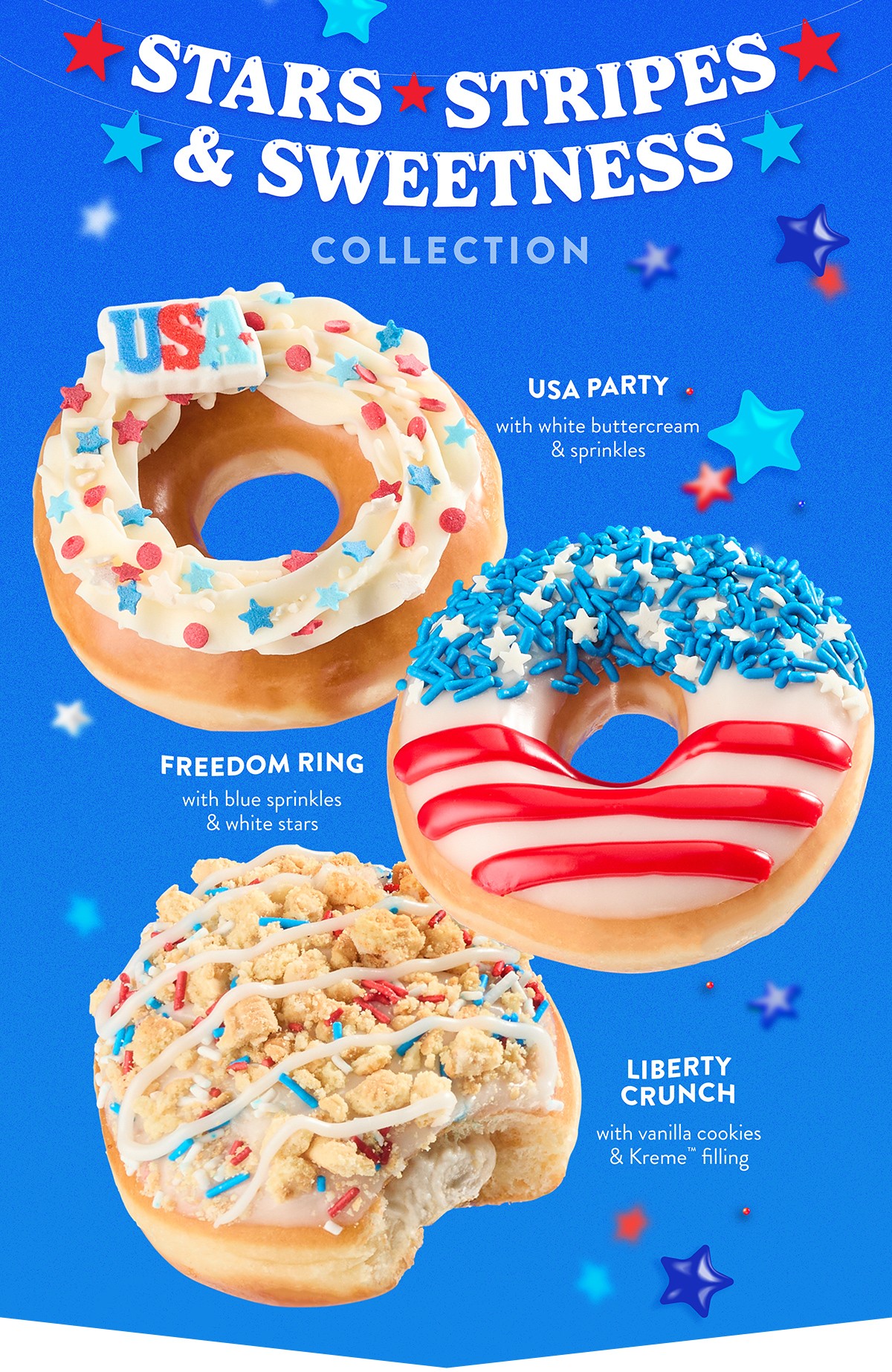 Introducing the NEW Stars, Stripes & Sweetness Doughnut Collection, here for a limited time only!
