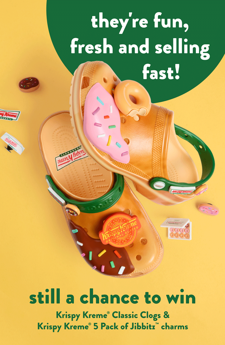 Enter for a chance to win your very on Krispy Kreme® X Crocs™ Classic Clogs & Jbbitiz™.