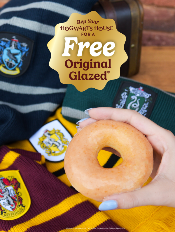 Get a FREE Original Glazed® Dozen when you rep your Hogwarts House colors or show your love for the Harry Potter franchise today! In shop only.