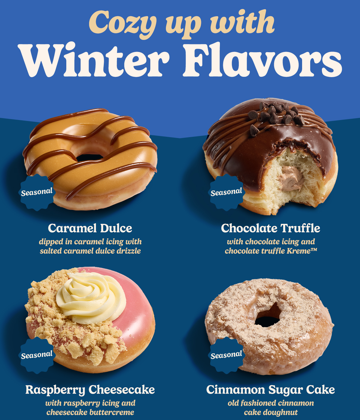 Four doughnuts from the Krispy Kreme Winter Seasonal Collection: Cinnamon Cake, Chocolate Truffle, Caramel Drizzle, and Raspberry Cheesecake.