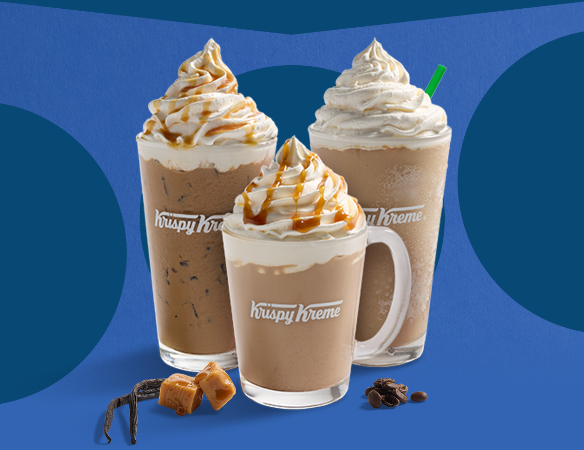 Sip on a latte flavored with caramel and vanilla sauce topped with whipped cream and a caramel drizzle.