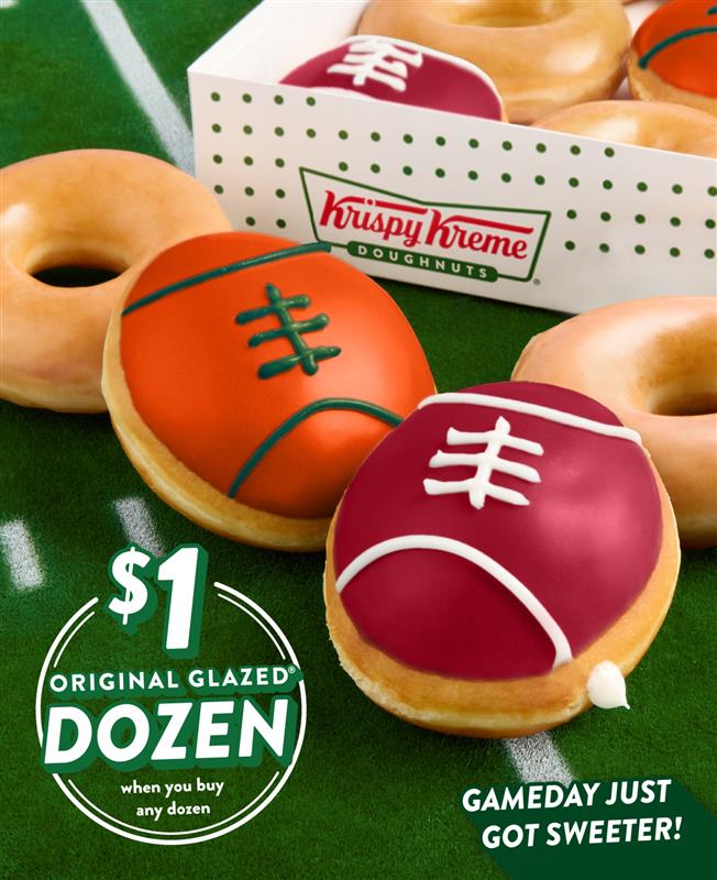 Football-decorated Championship Dozen paired with an Original Glazed® Dozen for $2.