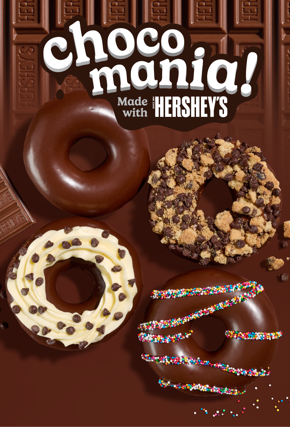 Try the NEW Chocomania doughnuts—with Hershey's!
