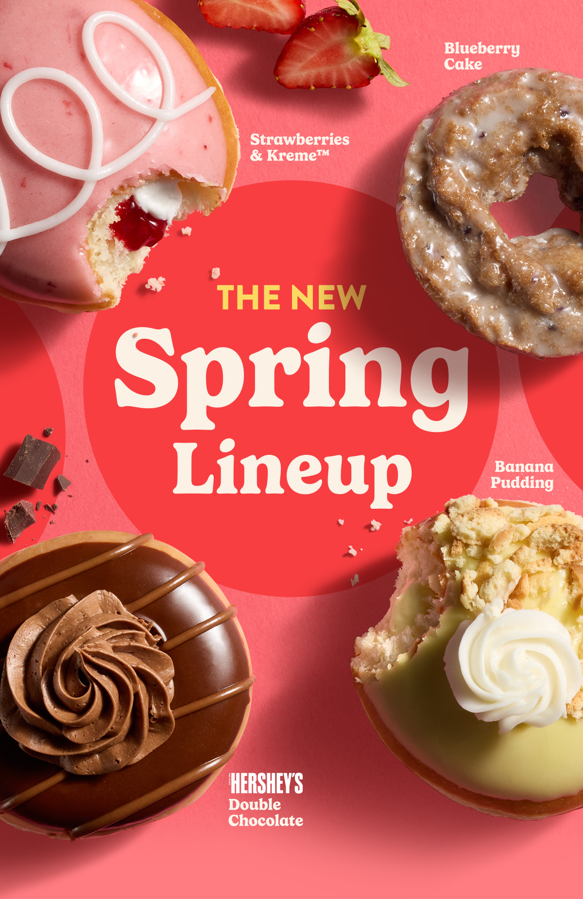 Spring Collection doughnuts featuring Banana Pudding, Strawberries & Kreme™, Original Glazed® Blueberry Cake, and HERSHEY’S® Double Chocolate