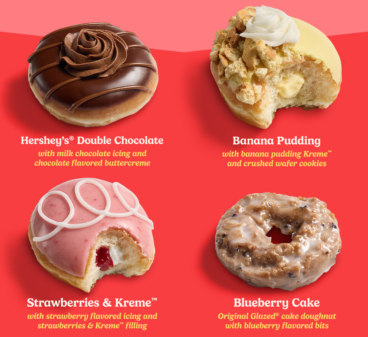 Four doughnuts from the Krispy Kreme Spring Collection featuring Banana Pudding, Strawberries & Kreme™, Original Glazed® Blueberry Cake, and HERSHEY’S® Double Chocolate.