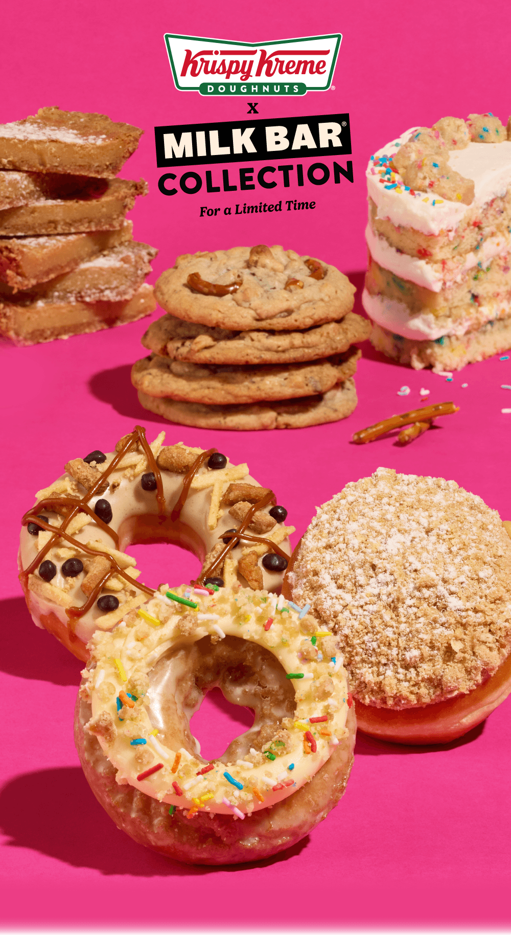 Krispy Kreme x Milk Bar® doughnuts featuring Birthday Cake, Pie, and Compost Cookie flavors.