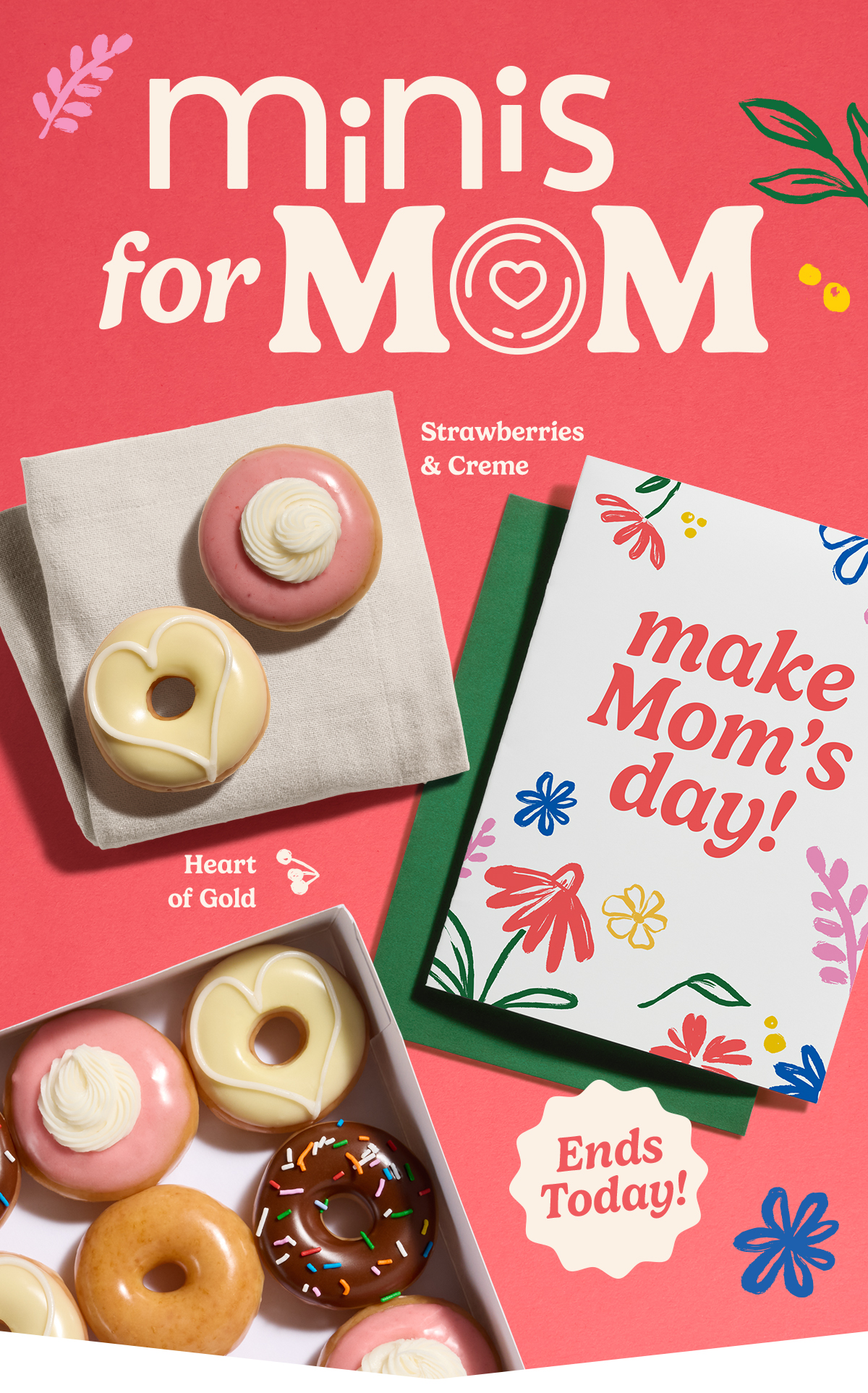 Celebrate Mother’s Day with Krispy Kreme mini doughnuts, including Strawberries & Creme and Heart of Gold.