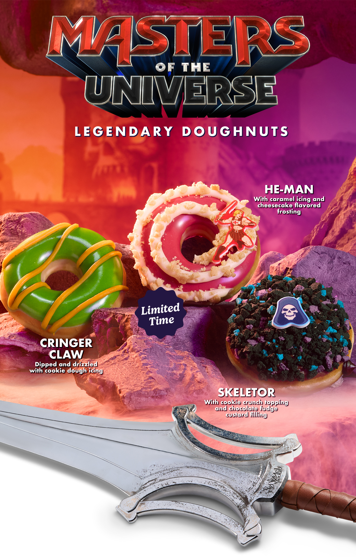 The Masters of the Universe Collection is here, featuring the He-Man Caramel Crunch Doughnut, Skeletor Double Chocolate Doughnut, and the Cringer Claw Cookie Doughnut.