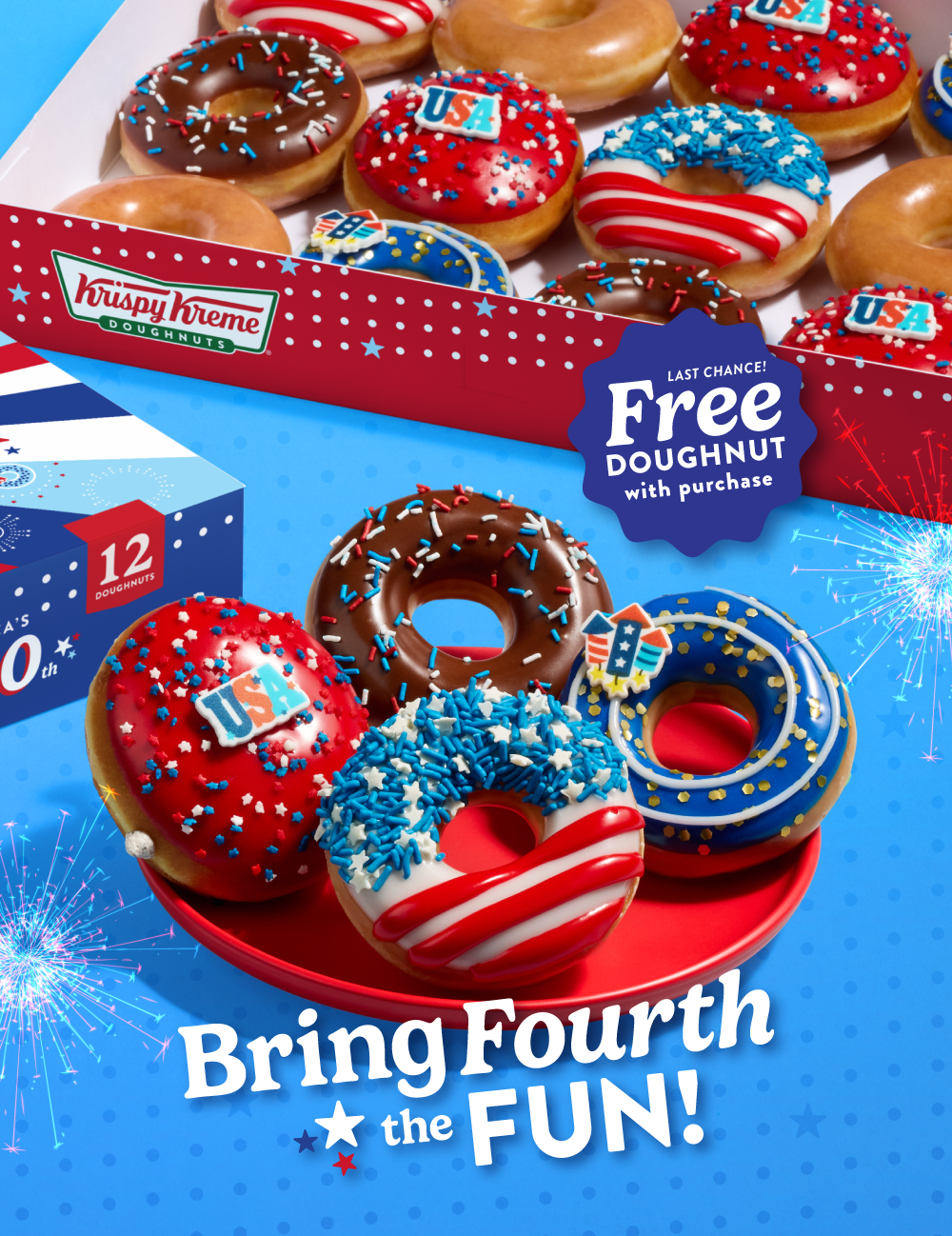 Rewards members can get a free doughnut from Krispy Kreme's July 4th Collection with any purchase.
