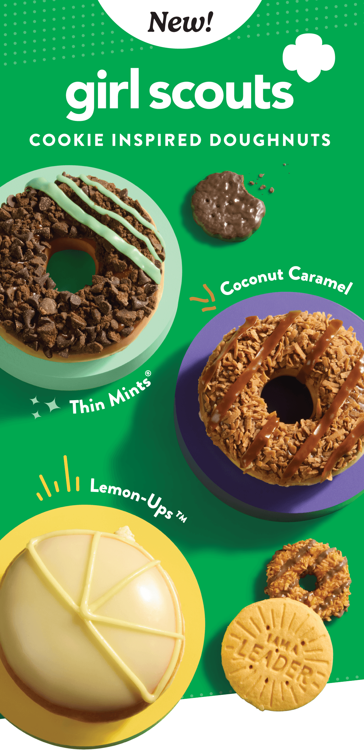 Krispy Kreme's NEW Girl Scout Cookie™ inspired collection features three doughnuts inspired by beloved Girl Scout Cookies™ flavors: Thin Mints®, Lemon Ups™ and Coconut Caramel.