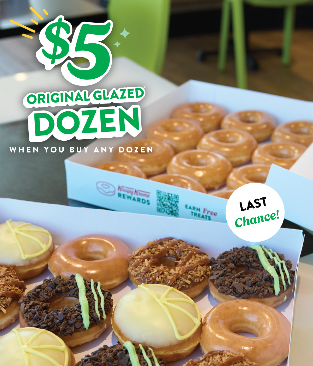 Last chance to buy any dozen, including the Girl Scout Cookie™ inspired dozen, and get an Original Glazed® Dozen for just $5.