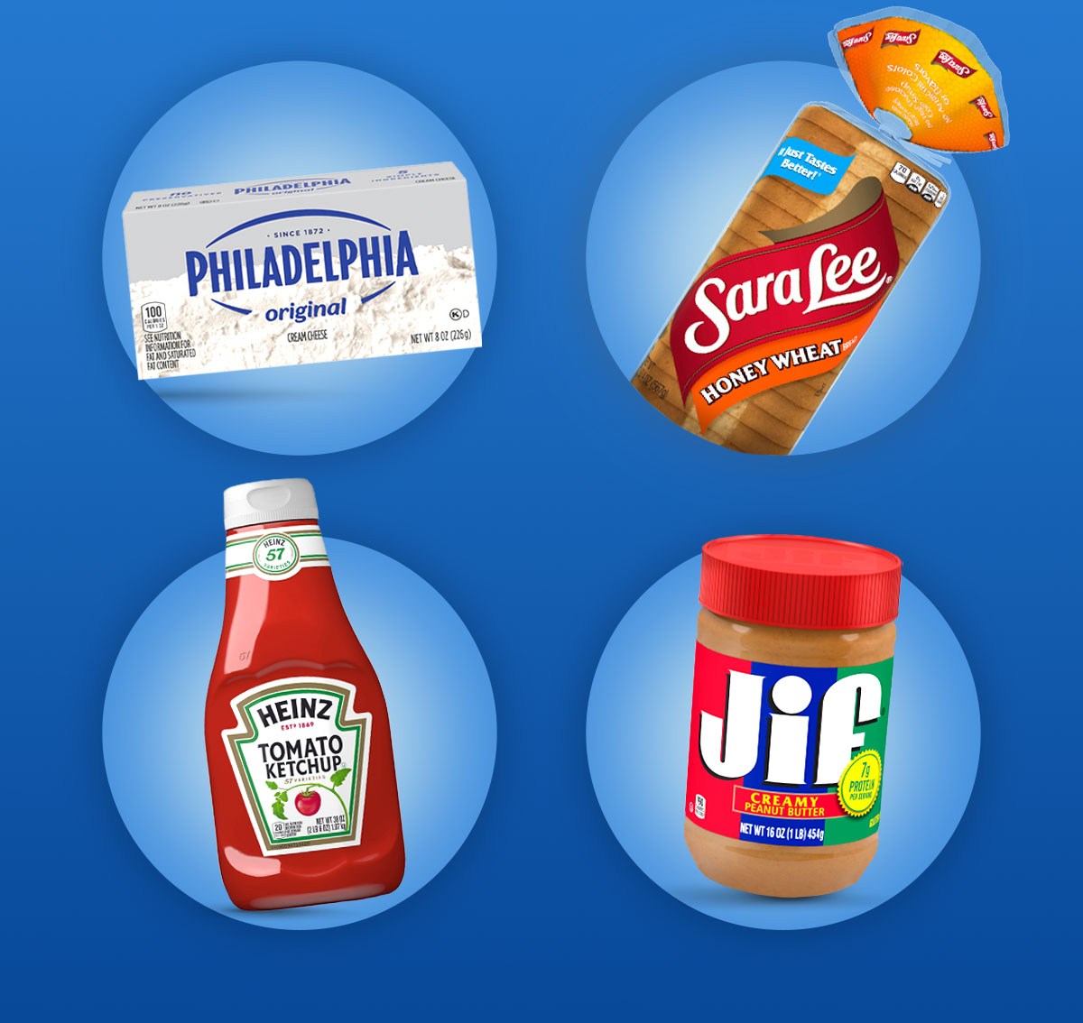 Philadelphia Cream Cheese, Sara Lee Bread, Heinz Ketchup, Jif Peanut Butter