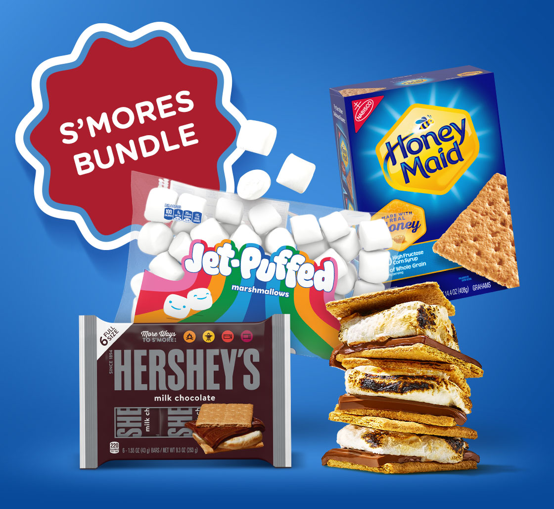 Honey Maid Graham Crackers, Hershey’s Milk Chocolate Bar, Jet-Puffed Marshmallows.