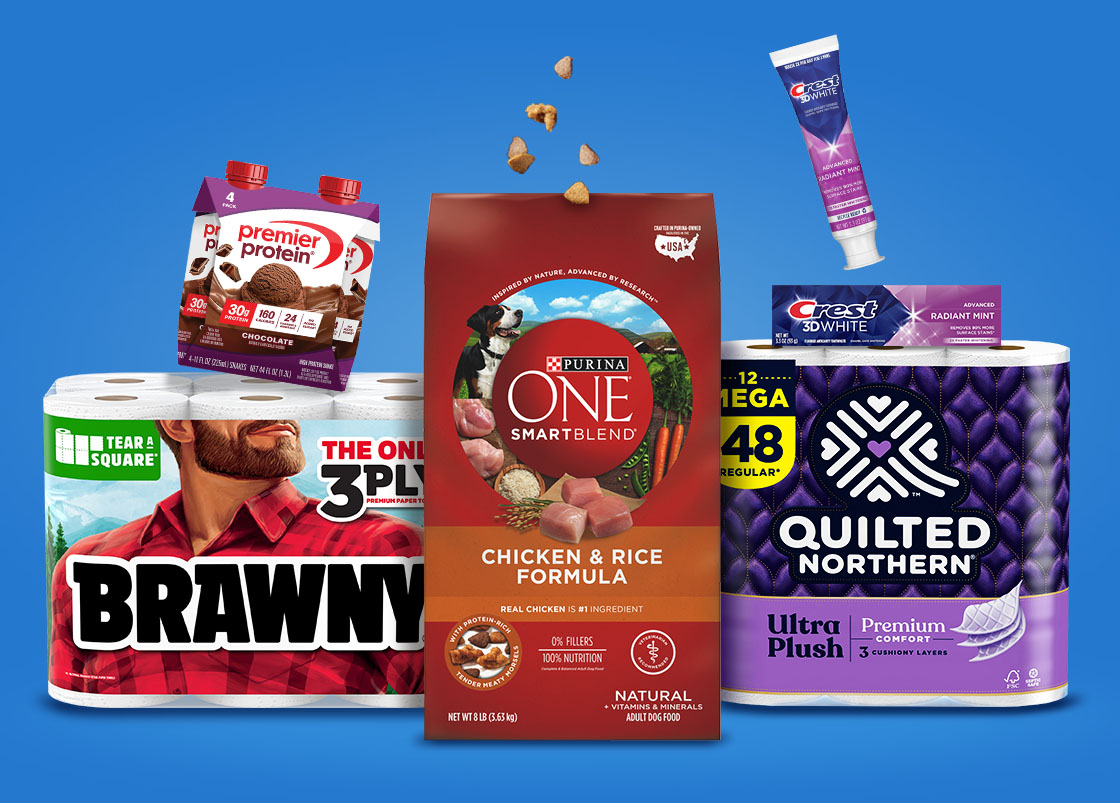 Quilted Northern toilet paper, Brawny paper towels, Premier Protein shakes and more.