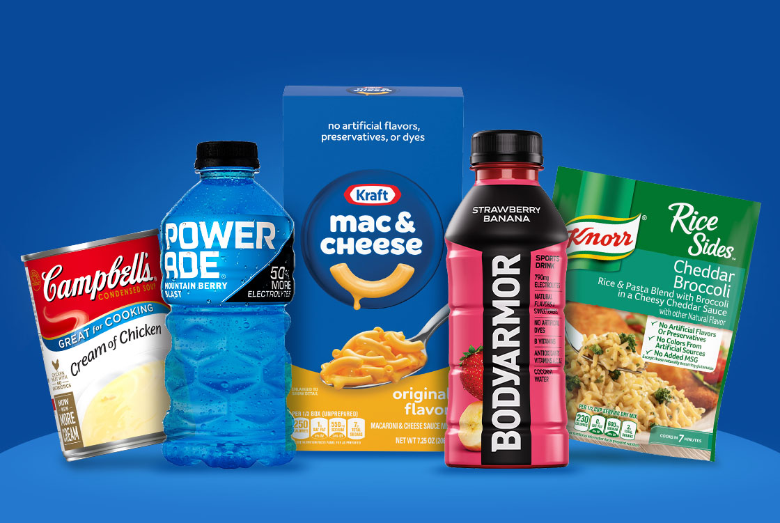 Powerade, Bodyarmor, Knorr Sides, Kraft Mac & Cheese, Campbell’s cream of chicken soup and more.