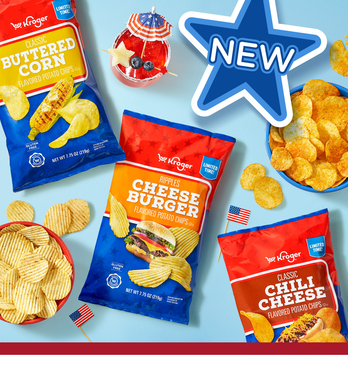 New Kroger Brand Potato Chips, Featuring Cheeseburger, Chili Cheese & Buttered Corn Flavors