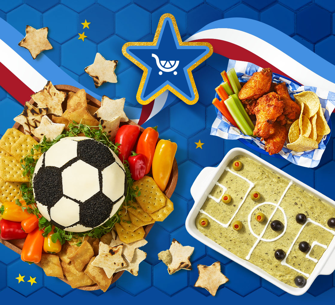 Soccer cheeseball and crackers, soccer field dip, chicken wings