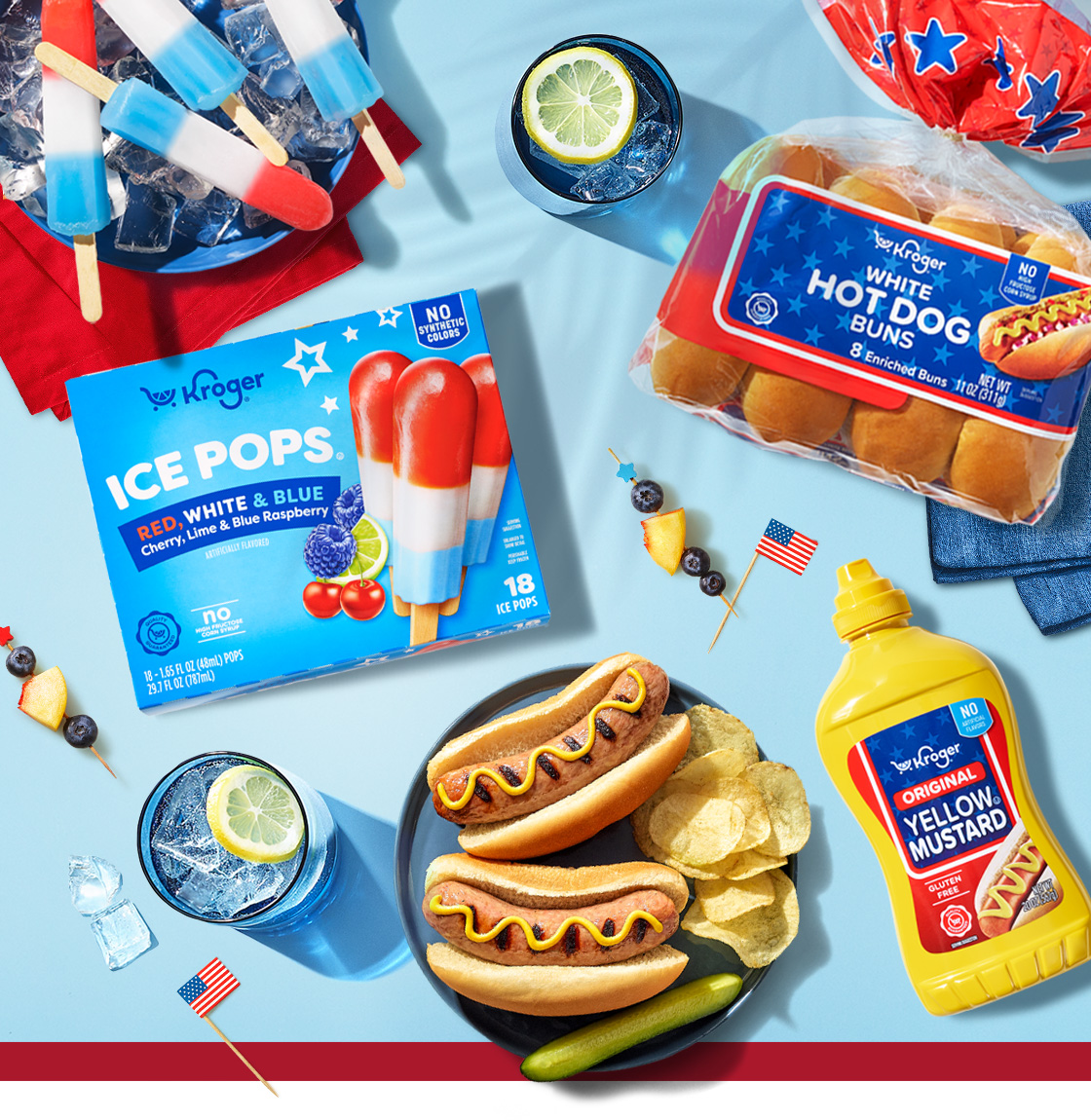 Kroger Brand hot dog buns, yellow mustard, classic bratwurst and red, white and blue ice pops.