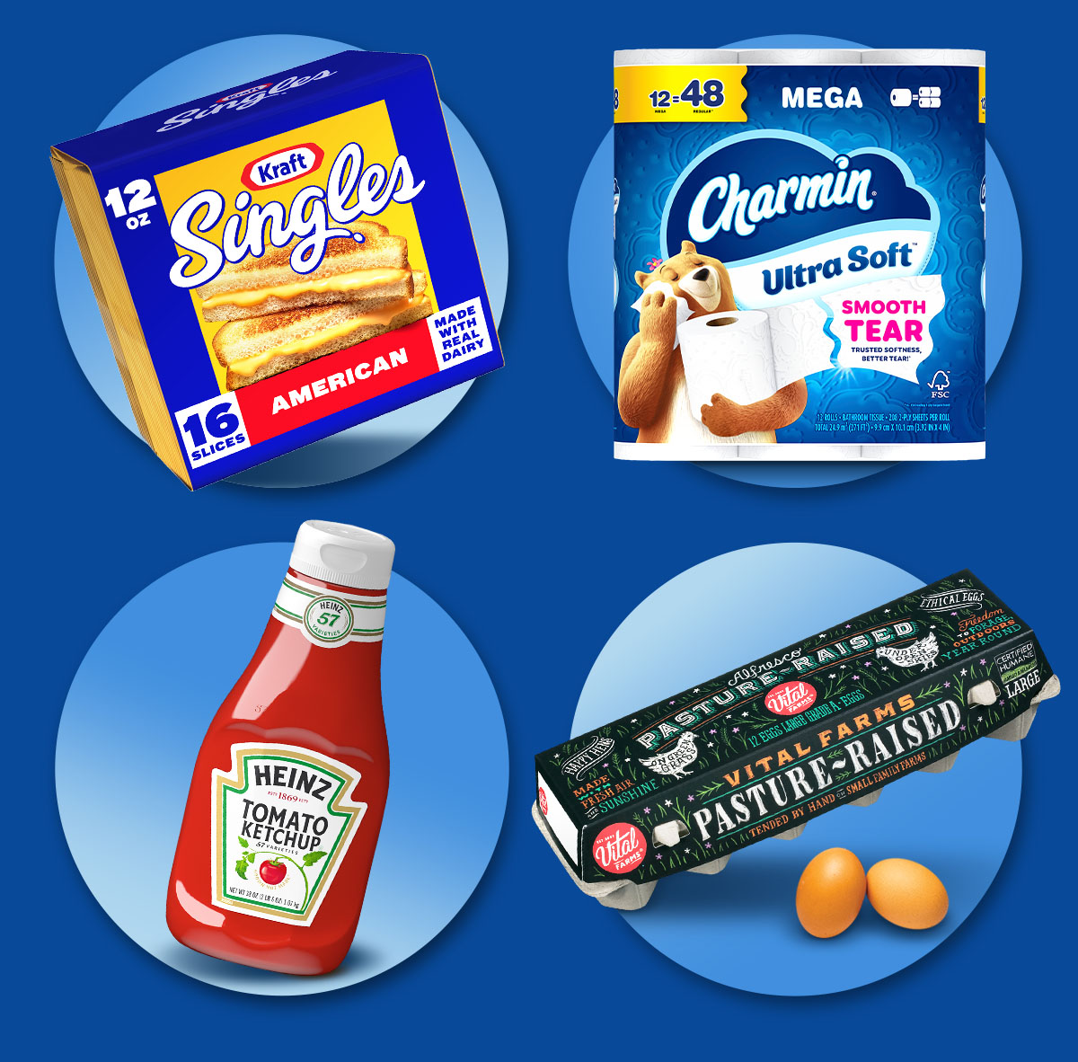 Kraft singles, Charmin toilet paper, Heinz ketchup and Vital Farms eggs.