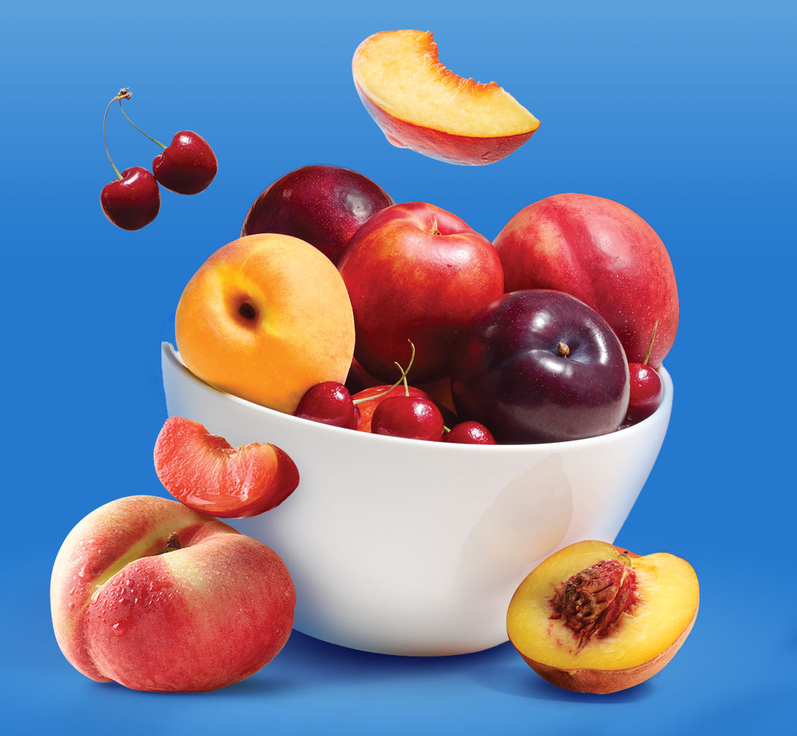 Bowl of peaches, cherries, plums and nectarines.