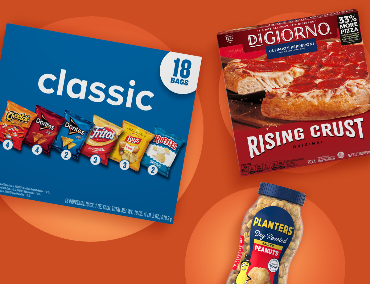 Frito-Lay Classic Snack Assortment, Planter’s Peanuts, DiGiorno Pepperoni Pizza