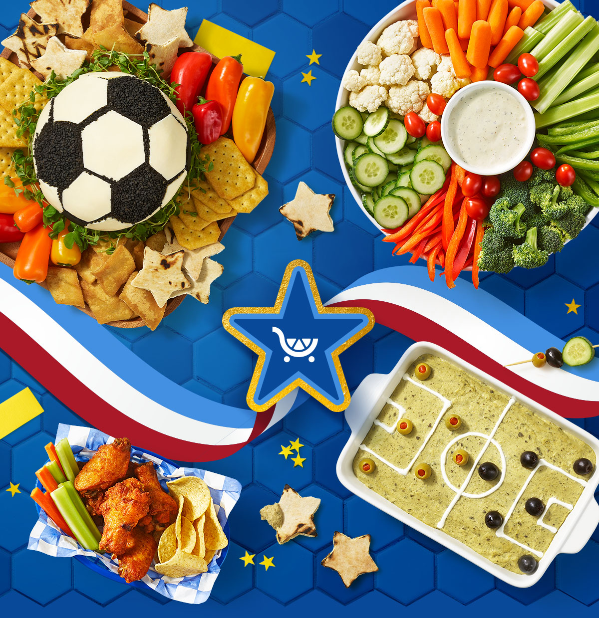 Soccer cheeseball and crackers, soccer field dip, chicken wings, fresh veggies