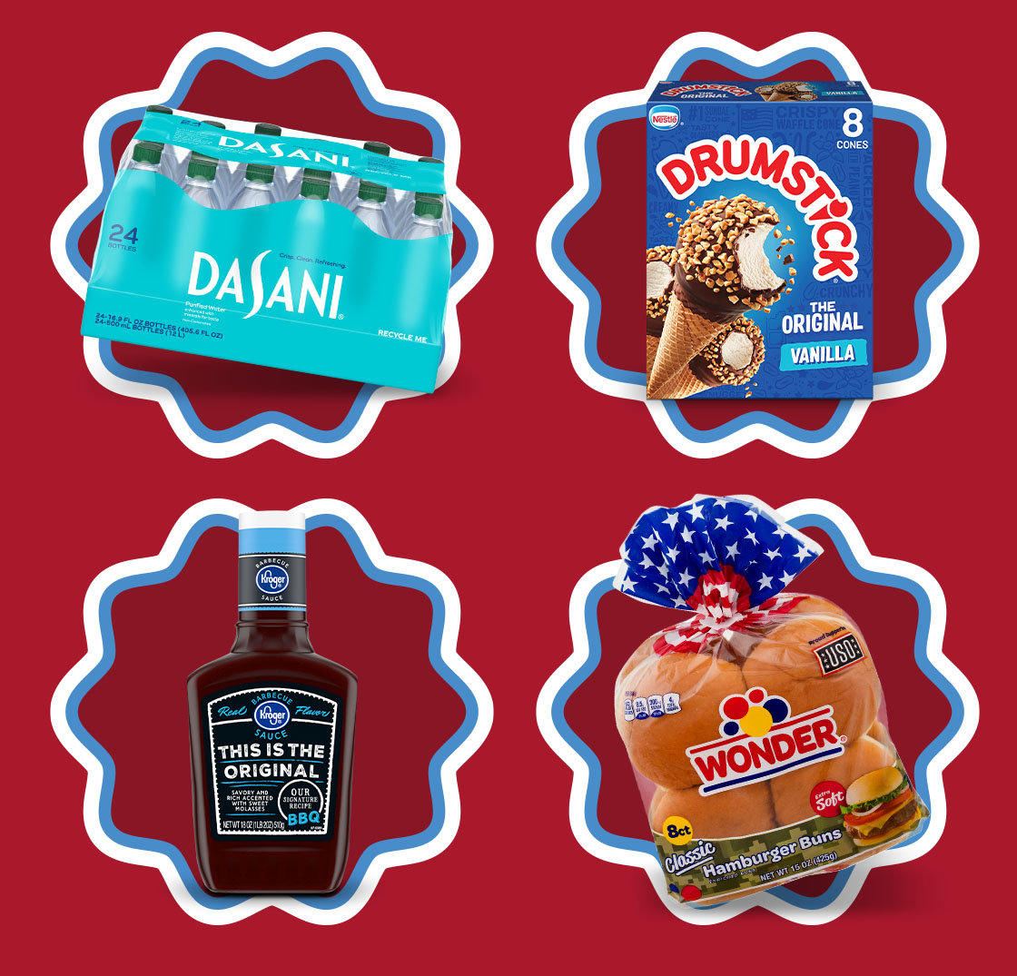 Dasani Pure Water, Drumstick Cones, Kroger Brand BBQ Sauce, Wonder Hamburger Buns