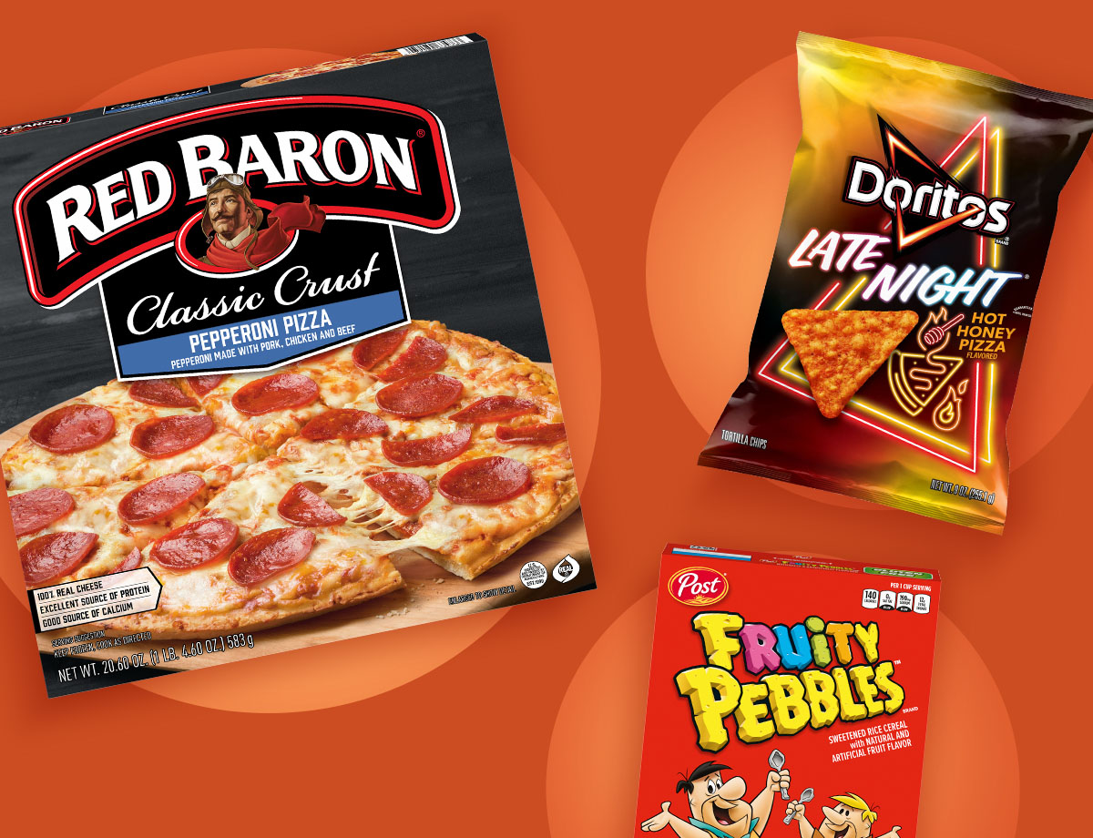 Fruity Pebbles Cereal, Red Baron Pizza, Doritos Late Night Tortilla Chips