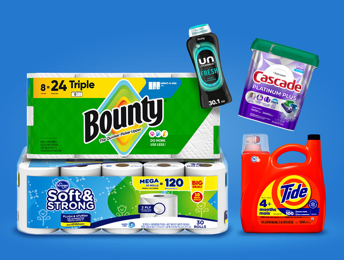 Tide laundry detergent, Cascade dishwasher detergent, Downy booster beads, Bounty paper towels.