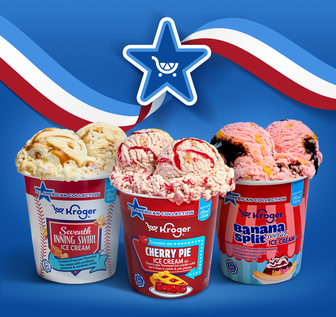 Kroger Brand Seventh Inning Swirl, Sweet as Cherry Pie and Banana Split Social ice cream.
