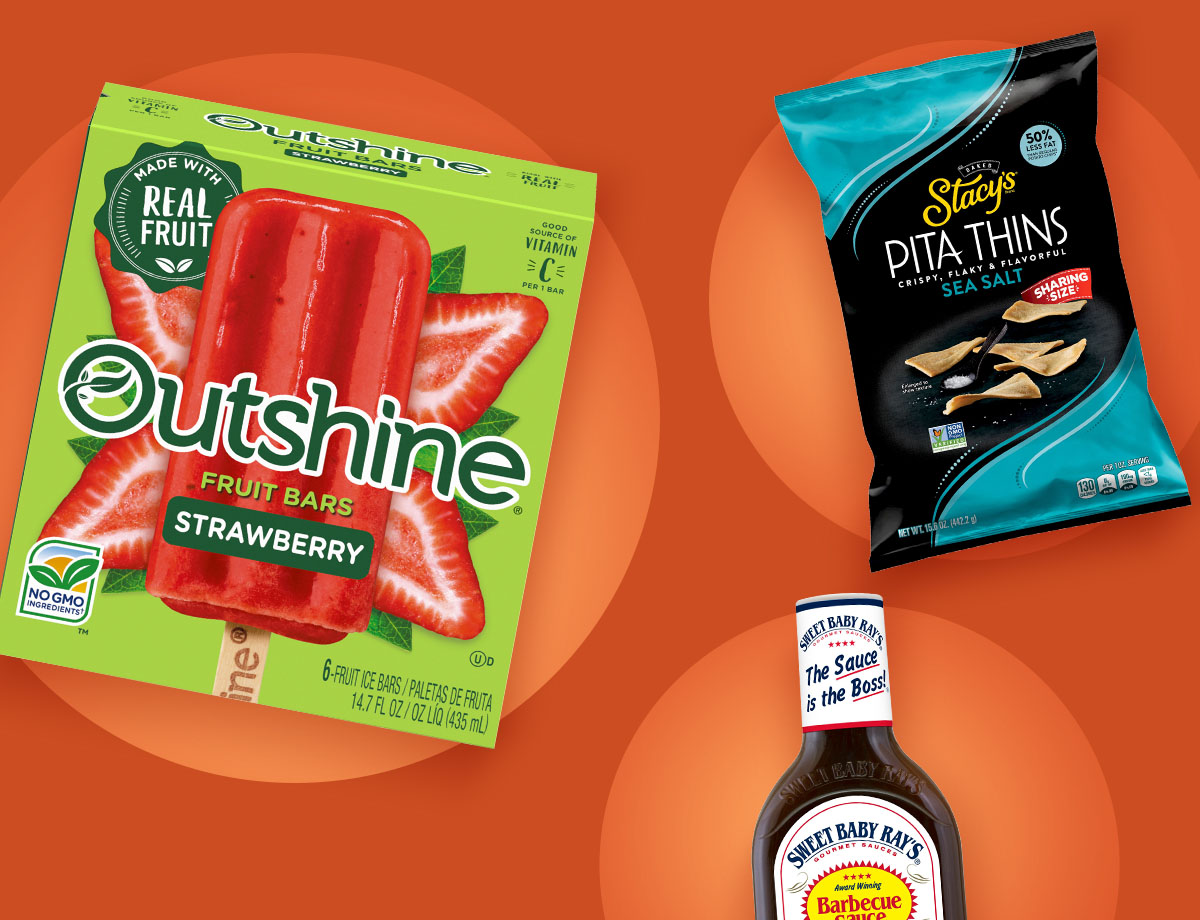 Sweet Baby Ray’s Barbecue Sauce, Outshine Bars, Stacy’s Pita Chips