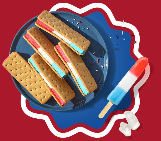 Red, white and blue ice cream sandwiches and ice pops.