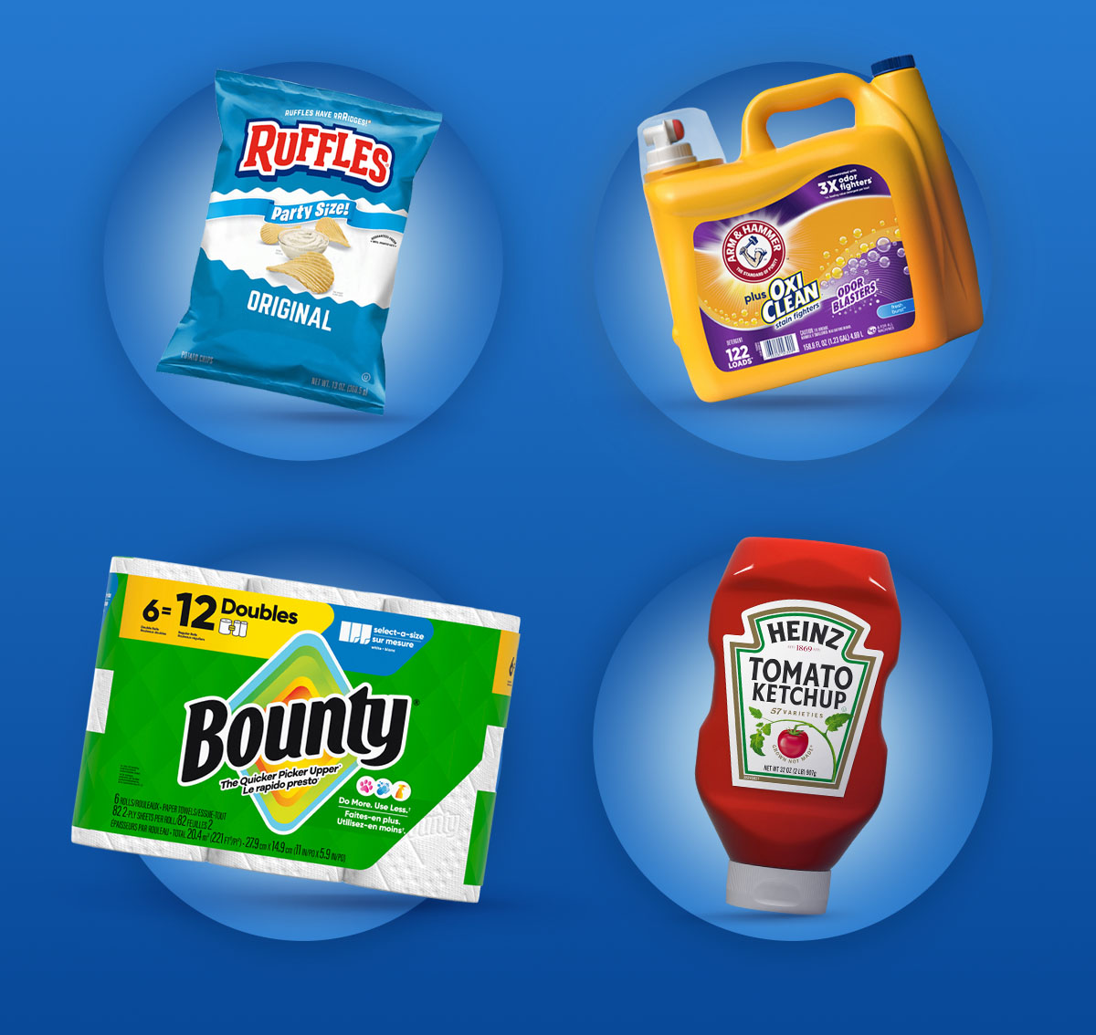 Ruffles Chips, Arm & Hammer Laundry Detergent, Bounty Paper Towels, Heinz Ketchup.