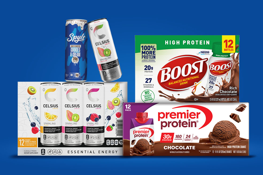 Drinks from Celsius energy, Spylt, Boost and Premier Protein.