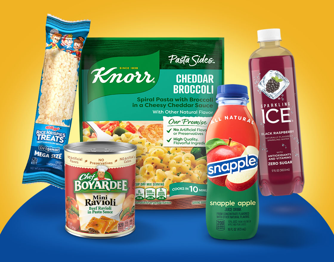 Sparkling Ice, Chef Boyardee, Snapple, Kellogg’s Mega Rice Krispies Treats, Knorr Sides