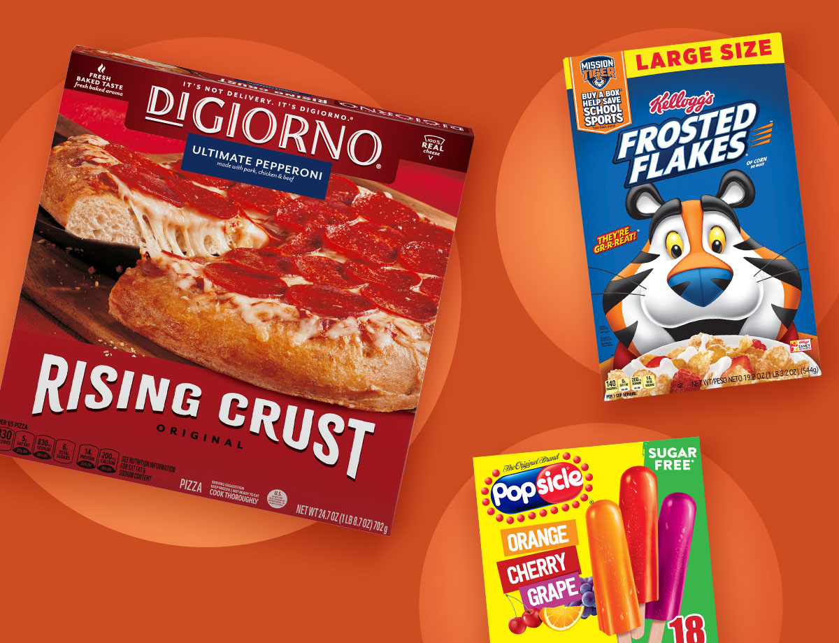 Popsicle Ice Pops, DiGiorno Pepperoni Pizza, Kellogg’s Frosted Flakes