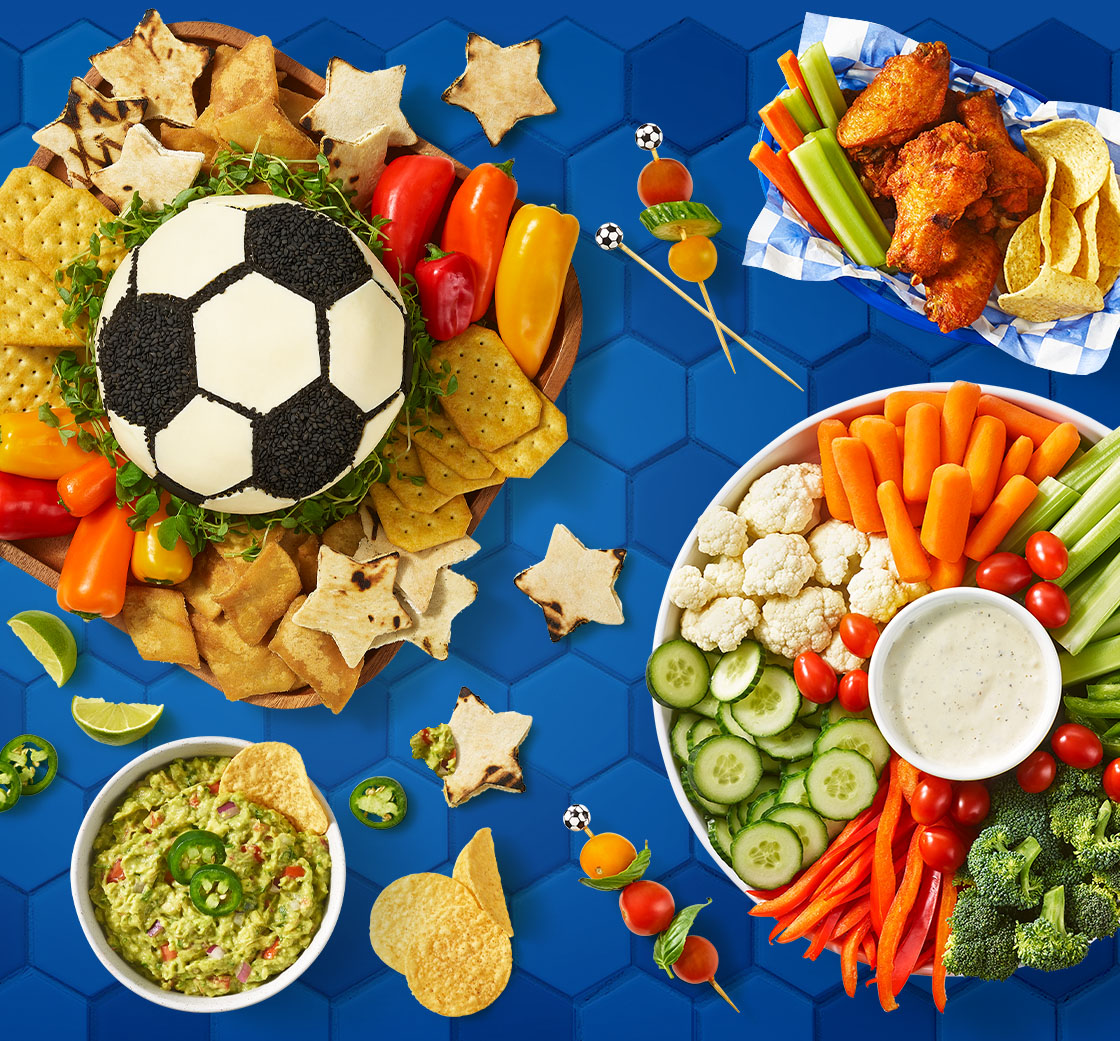 Soccer cheeseball, guacamole, fresh veggies, chicken wings