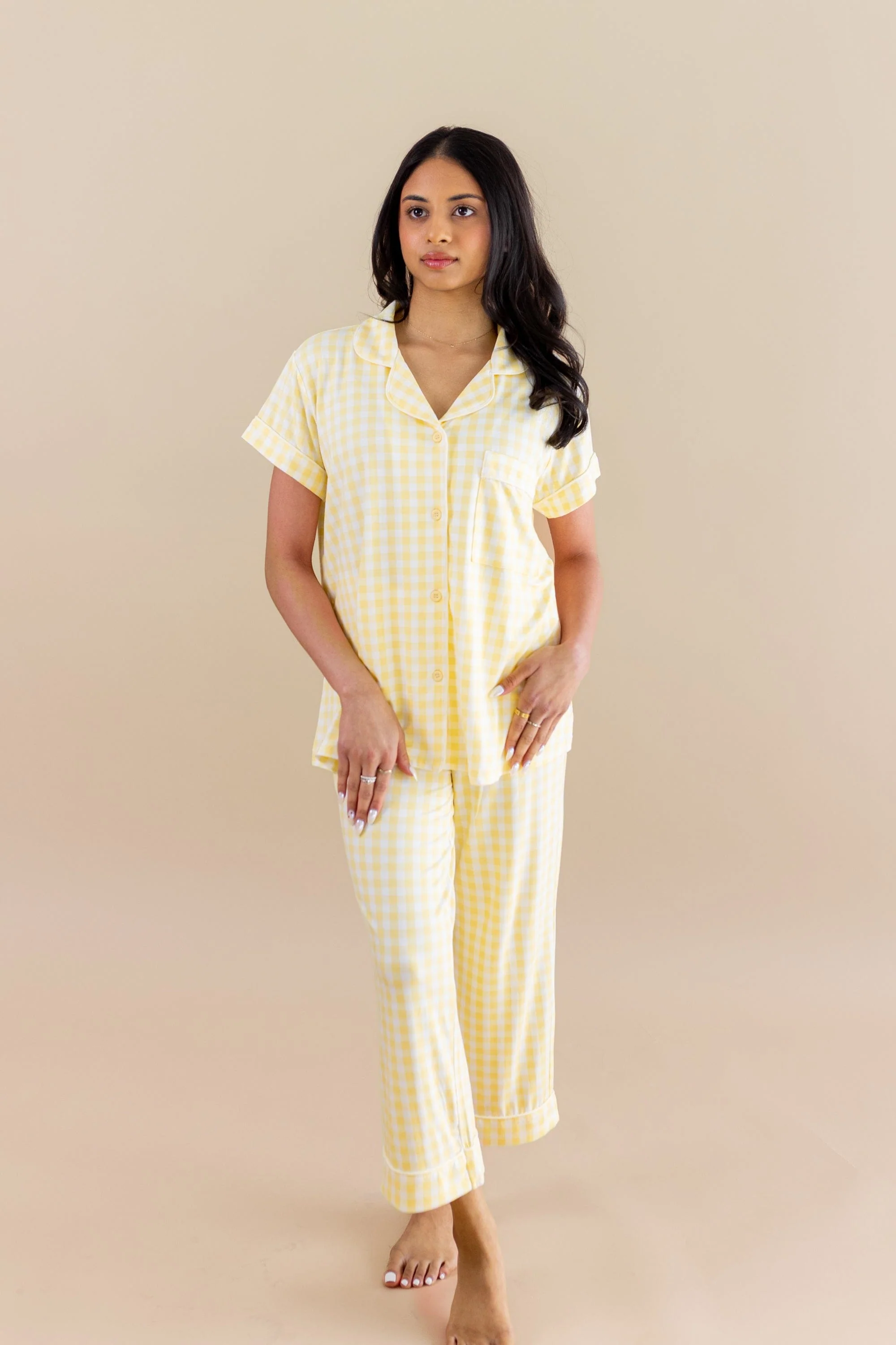 Image of Women's Short Sleeve Cropped Pajama Set in Gingham Chamomile