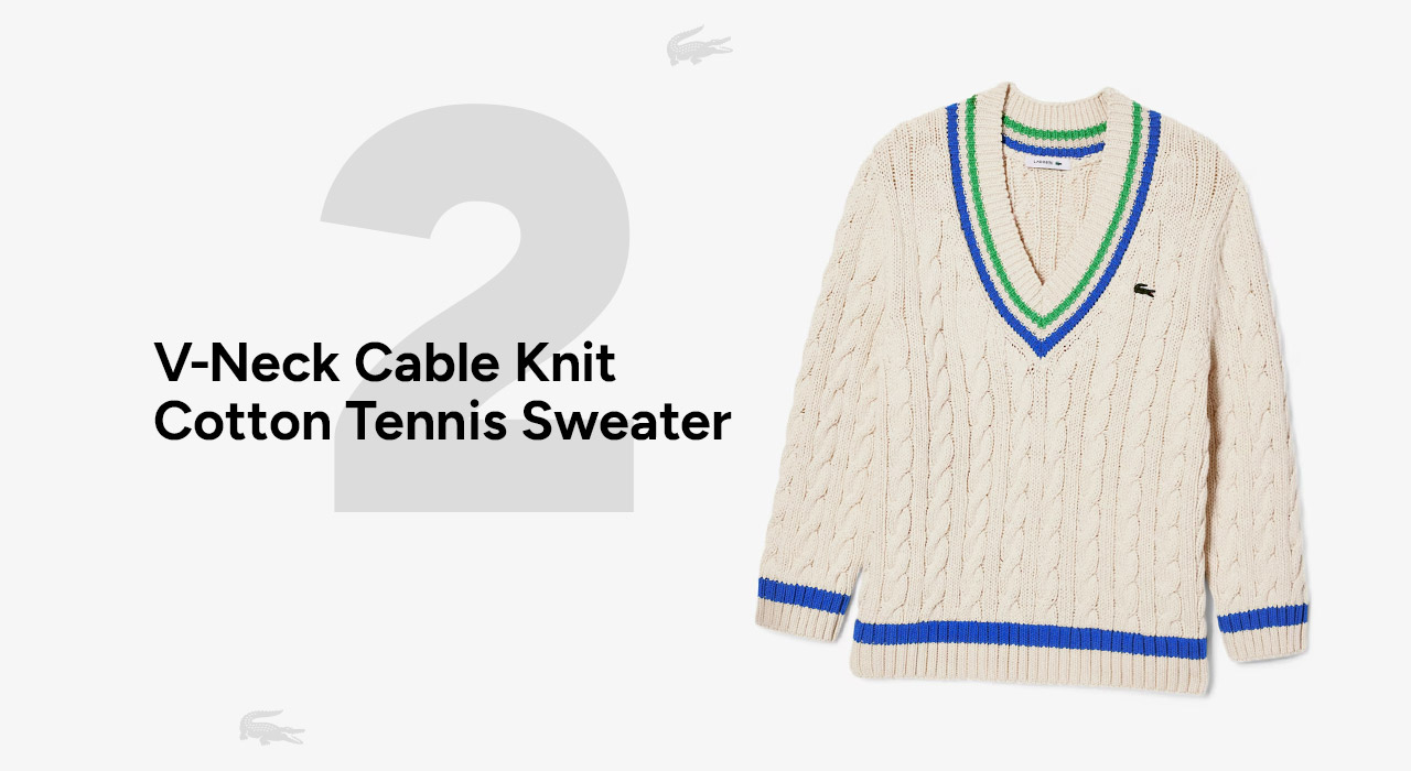 V-Neck Cable Knit Cotton Tennis Sweater