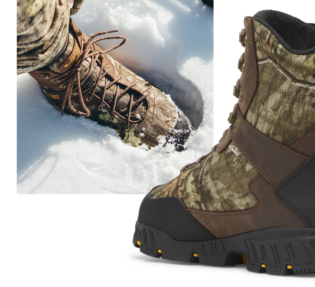 Cold Snap II, Men’s Mossy Oak Country Roots 2000G; close-up of upper with full-grain leather, 900D polyester, and PU-reinforced high-wear zones; inset shows boot stepping into snow.