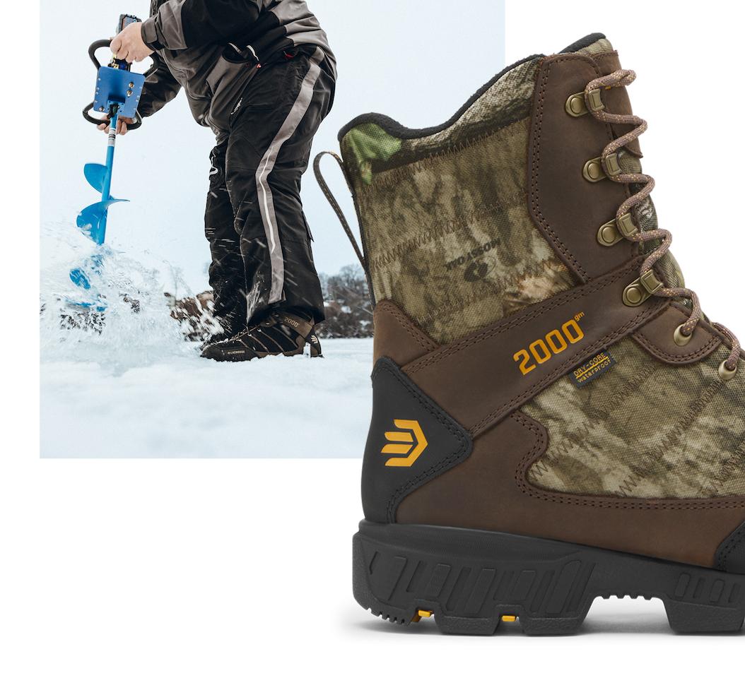 Cold Snap II, Men's Mossy Oak Country Roots 2000G, side-profile close-up with 2000G badge; inset shows an angler drilling through lake ice with water splashing.