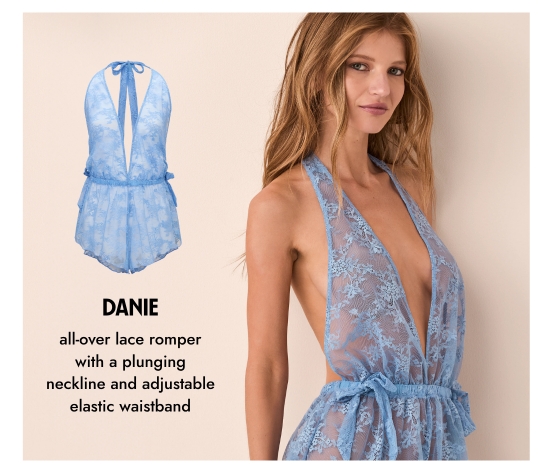 Danie - all-over lace romper with a plunging neckline and adjustable elastic waistband