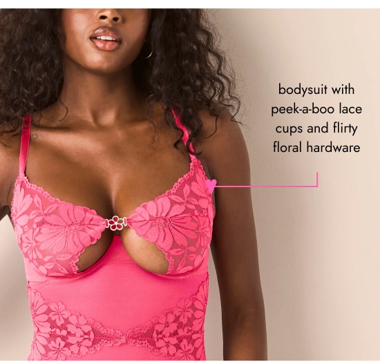 bodysuit with peek-a-boo lace cups and flirty floral hardware.