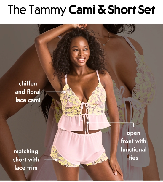 The Tammy Cami and Short Set: chiffon and floral lace cami. open front with functional ties. matching short with lace trim.