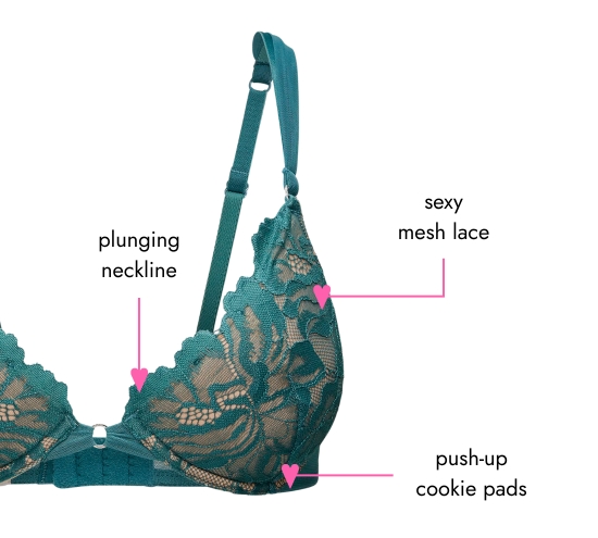 Plunging neckline. Sexy mesh lace. Push-up cookie pads.