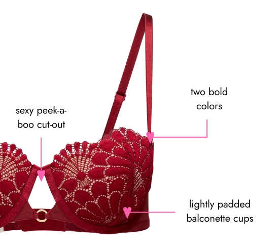 Sexy peek-a-boo cut-out. Two bold colors. Lightly padded balconette cups.