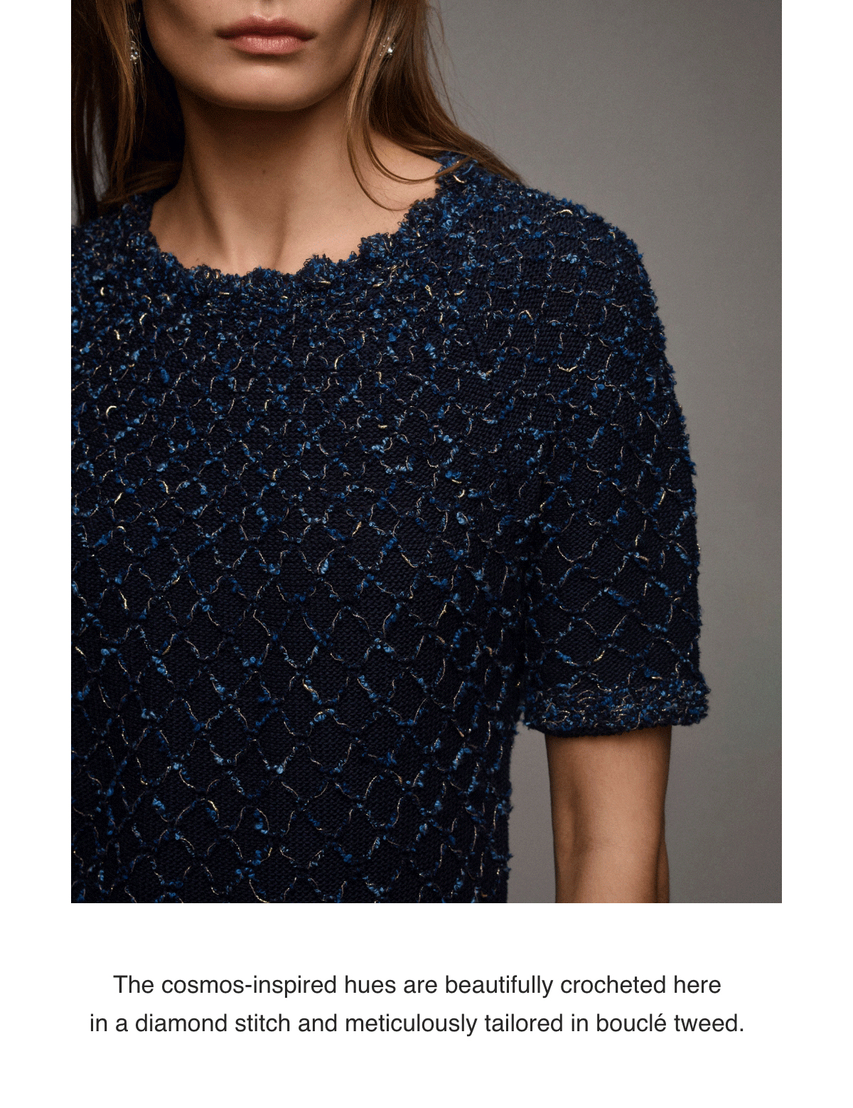 The cosmos-inspired hues are beautifully crocheted here in a diamond stitch and meticulously tailored in bouclé tweed.