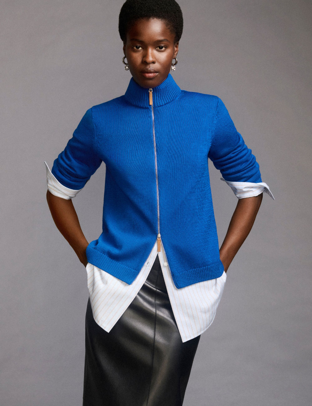 Cotton-Silk Tape Knit Bomber in Galaxy Blue